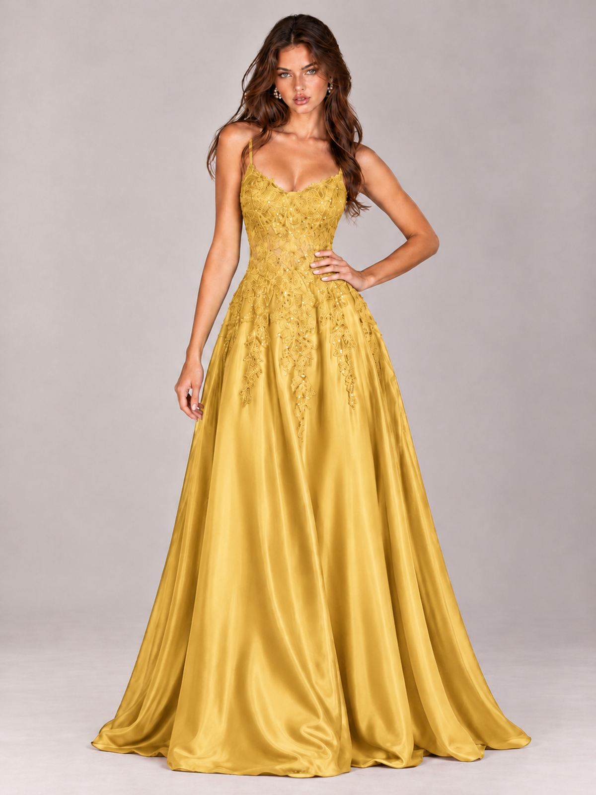Lace Applique Satin A-Line Prom Dress with Sheer Bodice