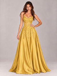 Lace Applique Satin A-Line Prom Dress with Sheer Bodice
