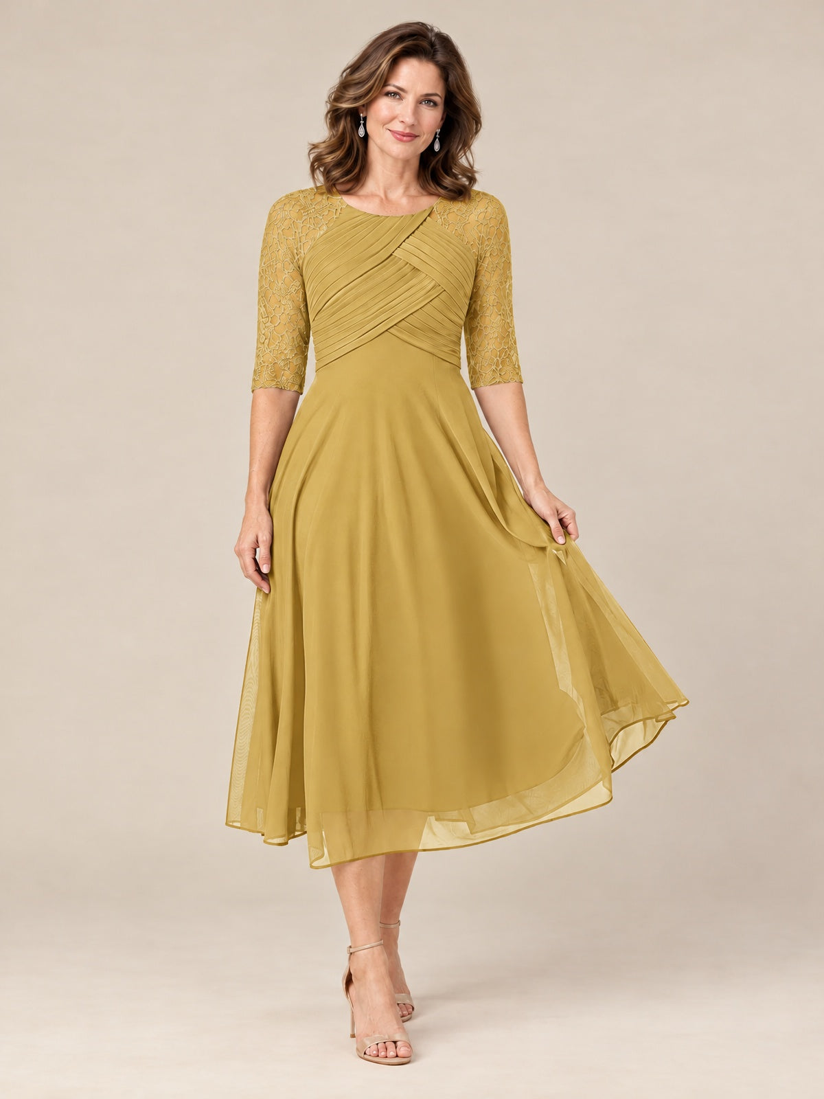 Tea-Length Mother of the Bride Dress with Lace 3/4 Sleeves