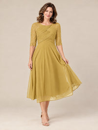 Tea-Length Mother of the Bride Dress with Lace 3/4 Sleeves