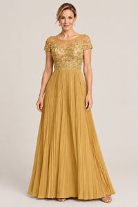 Embroidered Lace Pleated Mother of the Bride Dress