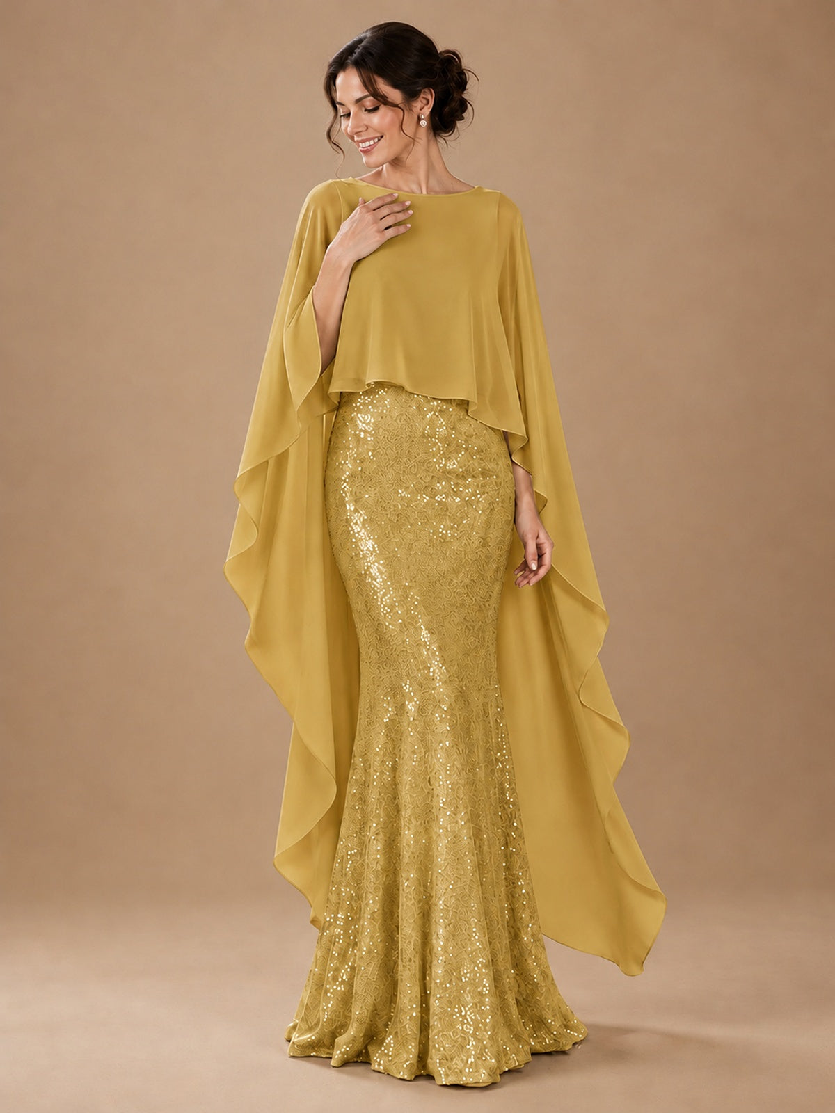 Sequin 2 Pieces Mother of the Bride Dress with Cap Sleeves Chiffon Formal Gowns