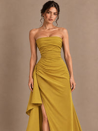 Black and White Strapless Ruched Prom Dress with High Slit & Side Drape