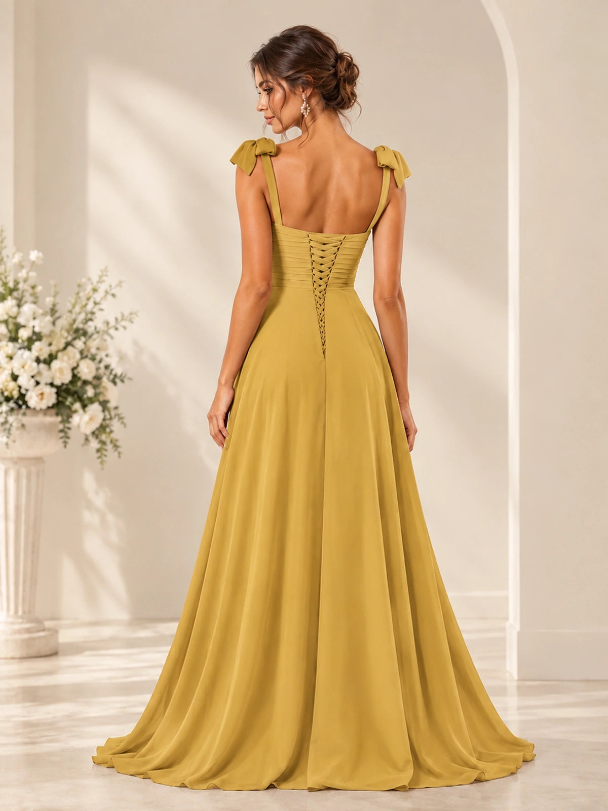 Ruffle Slit Chiffon A Line Scoop Neck Bridesmaid Dresses with Pockets