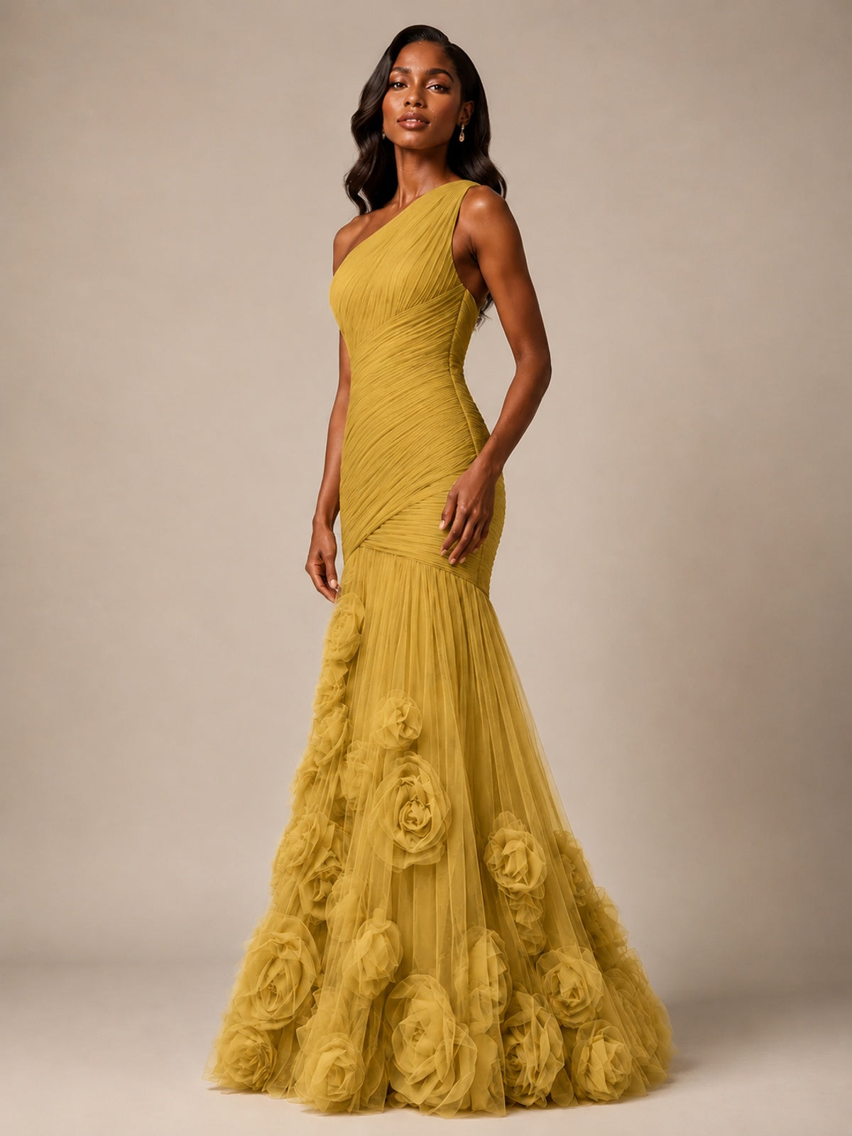 Blush Pink One Shoulder 3D Floral Mermaid Prom Dress