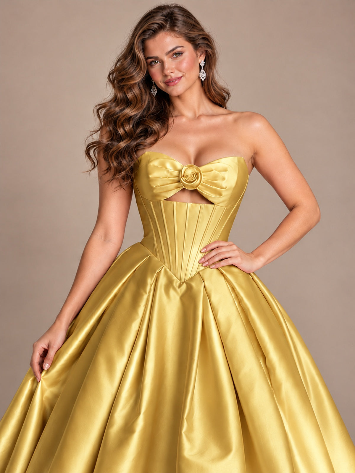 Pink Strapless Corset Satin Prom Derss & Ball Gown with 3D Floral