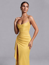 Square Neck Satin Long Prom Dress with Ruffles