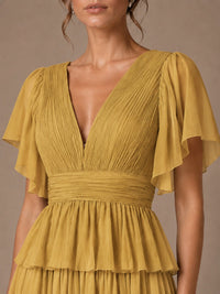 Chiffon V-Neck Tiered Ruffle Bridesmaid Dress with Slit