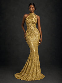 Sparkly Sequin High Neck Mermaid Prom Dress