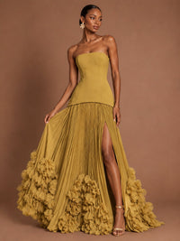 Strapless Pleated Floral Satin Formal Dress with Side Slit
