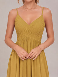 V-Neck Pleated Chiffon Long Bridesmaid Dress with Slit