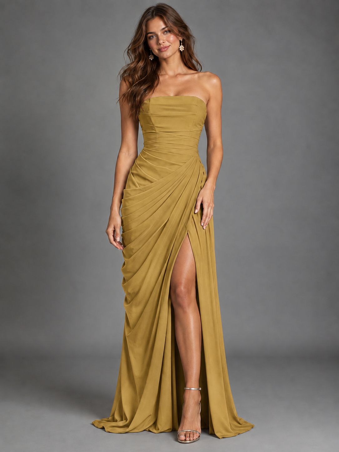 Strapless Bodycon Pleated Chiffon Formal Dress with Slit