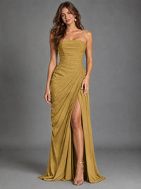 Strapless Bodycon Pleated Chiffon Formal Dress with Slit