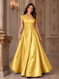 Lace Appliqué A-Line Satin Maxi Dress