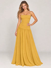 Butter Yellow Ruched Spaghetti Strap Drop-Waist Prom Dress