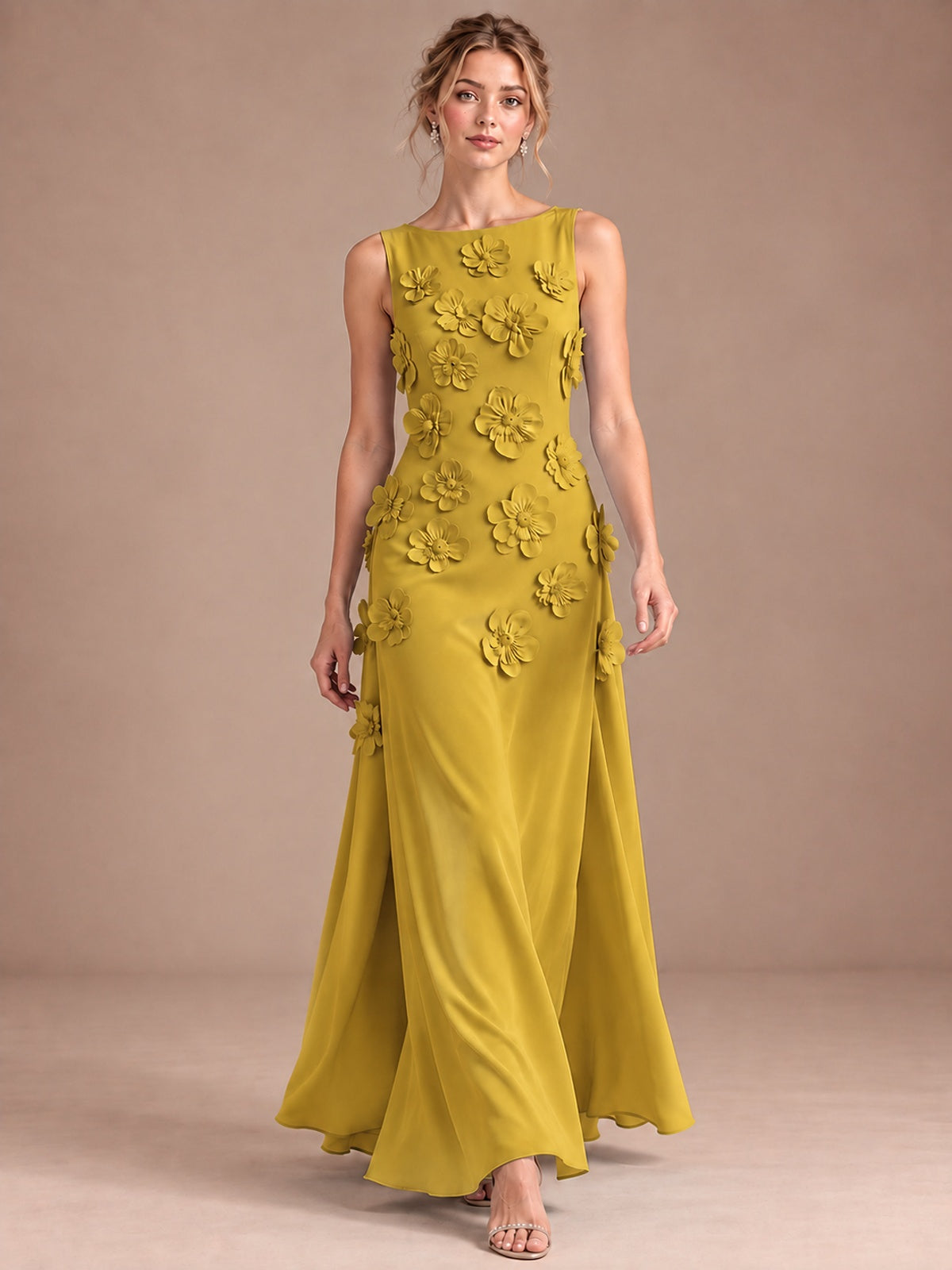 3D Floral Applique Sleeveless Formal Maxi Dress