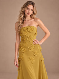 Yellow Strapless A-line Satin Maxi Dress with 3D Floral