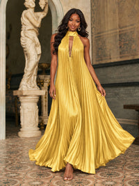 Rust Orange Pleated Halter Neck Maxi Dress