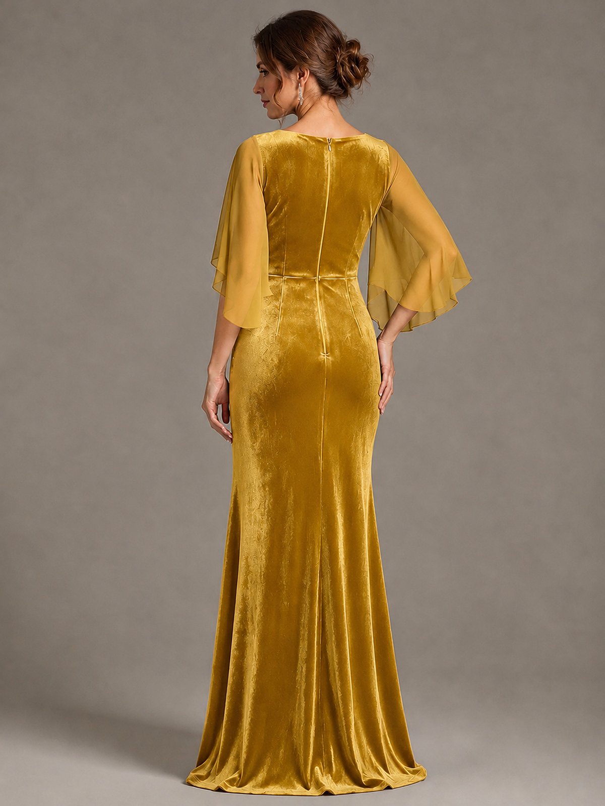 Navy Blue Velvet V Neck Mermaid Formal Dress with Flutter Cape Sleeves
