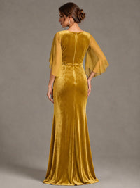 Navy Blue Velvet V Neck Mermaid Formal Dress with Flutter Cape Sleeves
