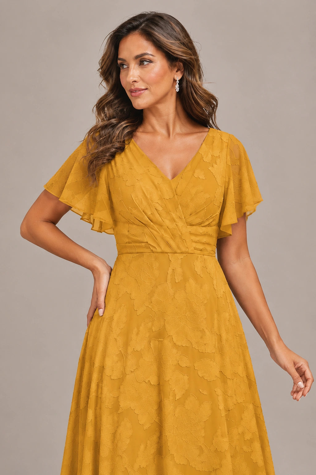 Jovellee Floral Chiffon A-Line Mother of the Bride Dress with Flutter Sleeves