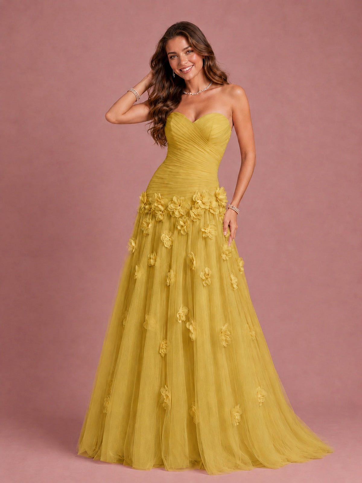 Blush Pink Strapless Sweetheart 3D Floral Tulle Ball Gown Prom Dres