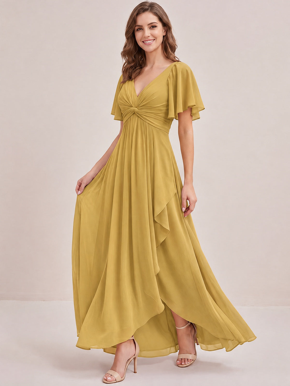 Dusty Blue Chiffon Bridesmaid Dress with Flutter Sleeves & High-Low Hem