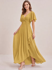 Dusty Blue Chiffon Bridesmaid Dress with Flutter Sleeves & High-Low Hem