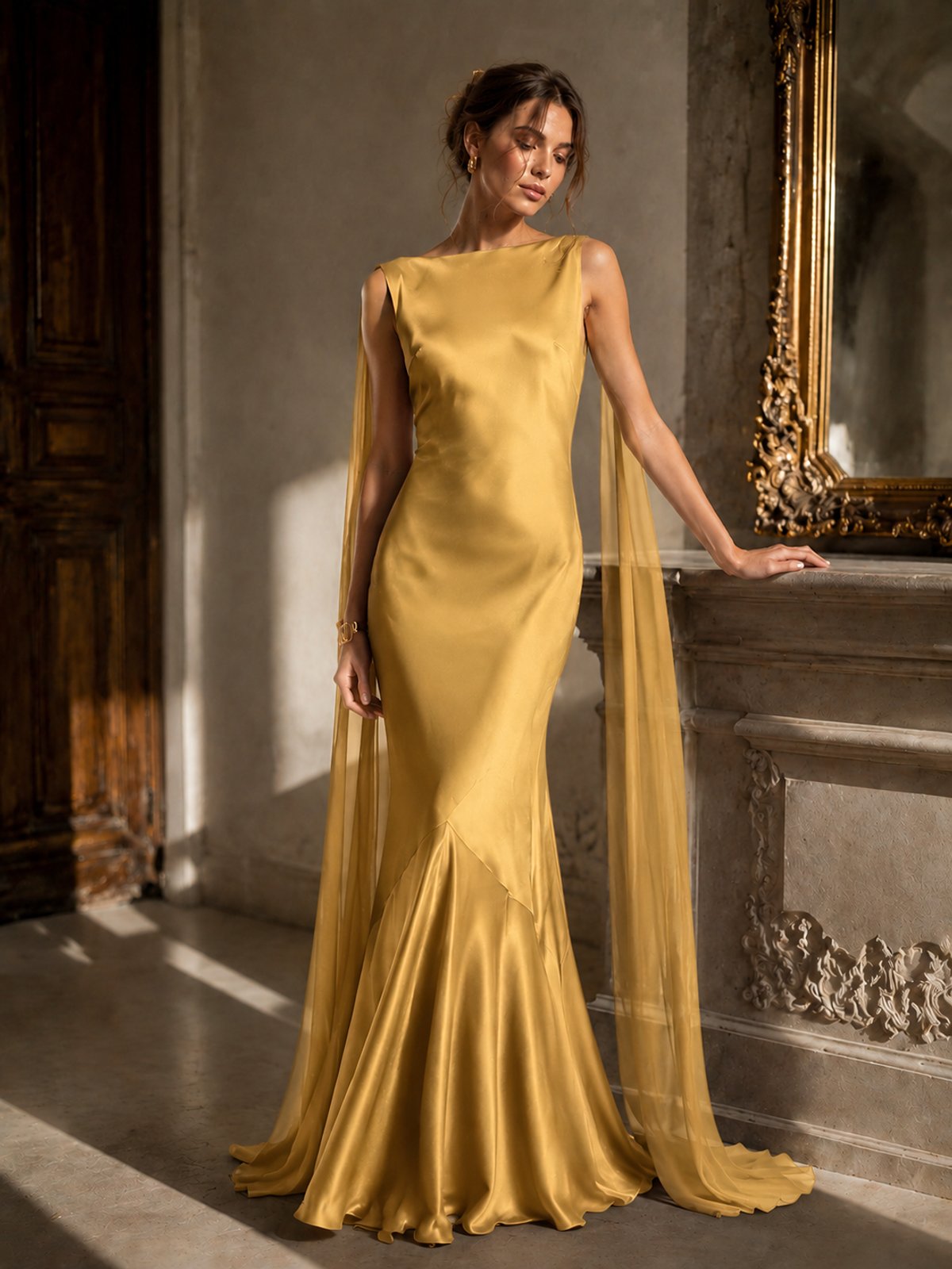 Burgundy Satin Mermaid Cape Maxi Dress