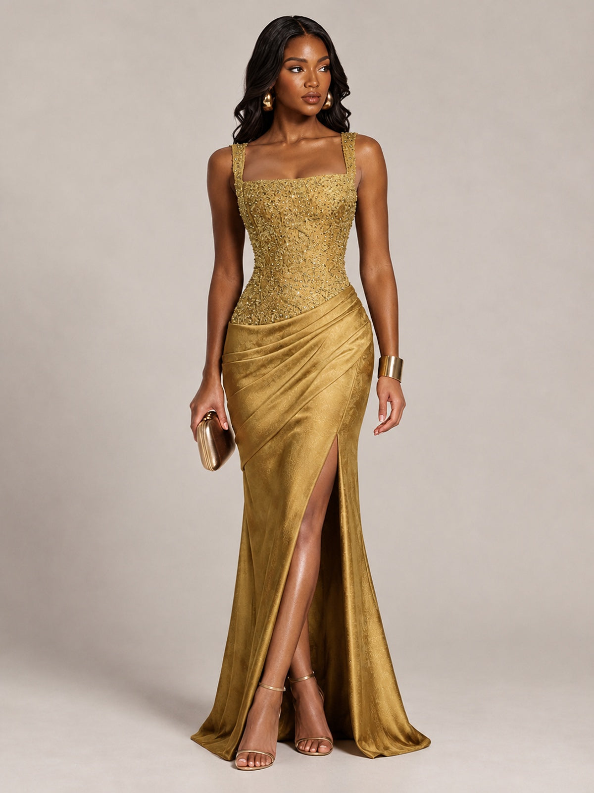 Scoop Neck Sequin Prom Dress with High Slit Satin Formal Gowns