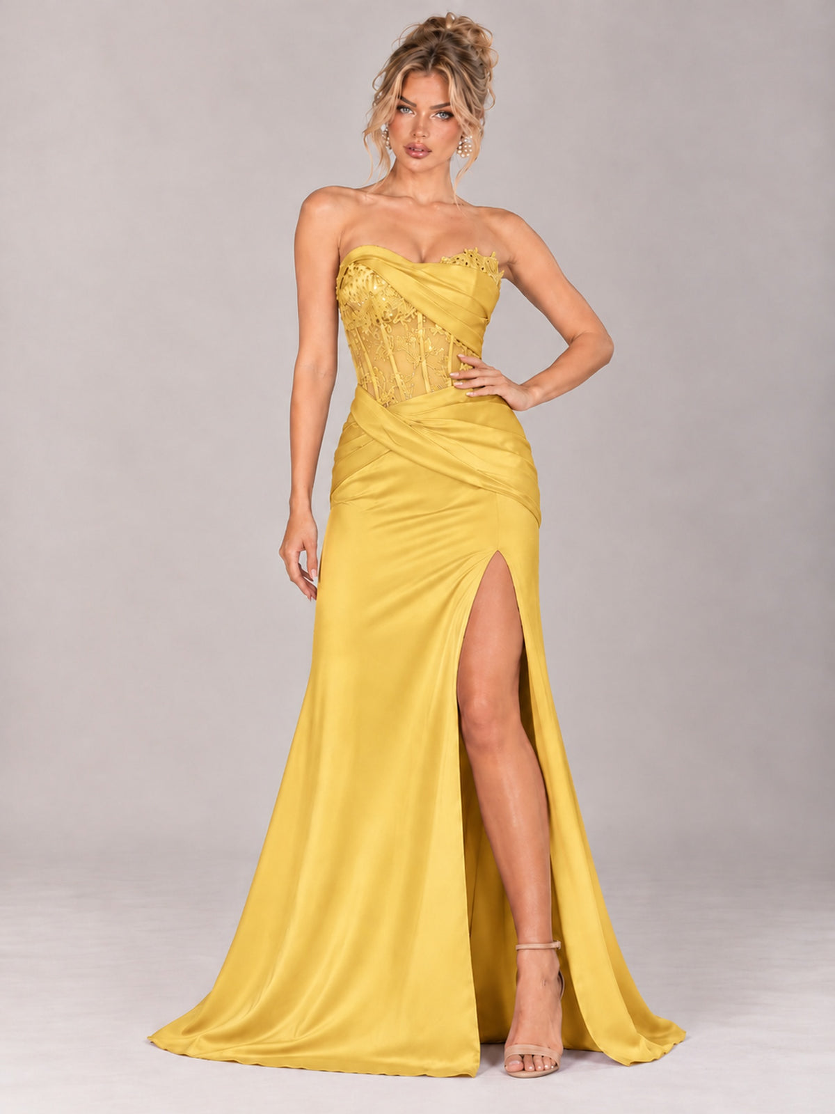 Strapless Satin Prom Dress with Sheer Lace Corset & High Slit