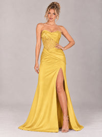 Strapless Satin Prom Dress with Sheer Lace Corset & High Slit