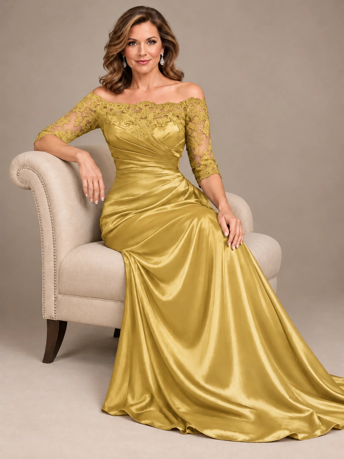 Satin Mother of the Bride Dress with Lace Sleeves Off Shoulder Formal Gown