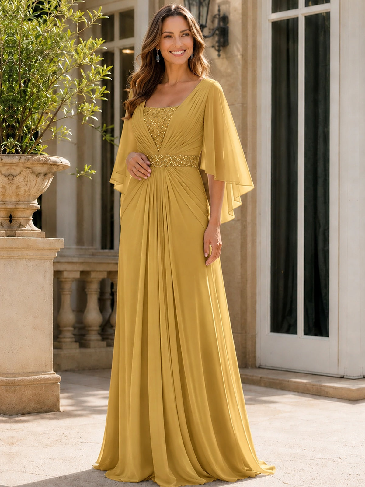 Elegant V-Neck Sequined Chiffon Mother of the Bride Dress with Flutter Sleeves