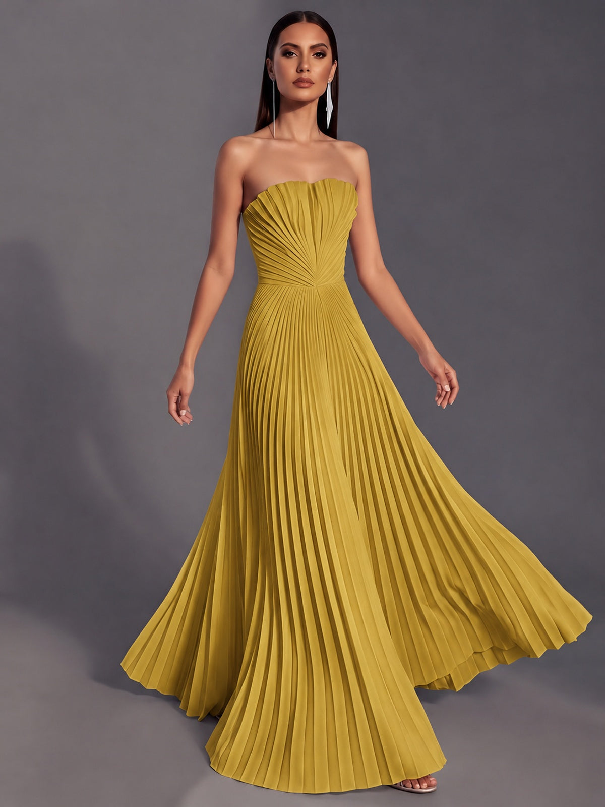 Strapless A-line Long Pleated Satin Prom Dress