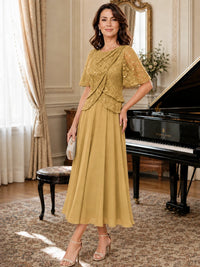 Tea-Length Chiffon Mother of the Bride Dress with Sequin Lace Sleeves