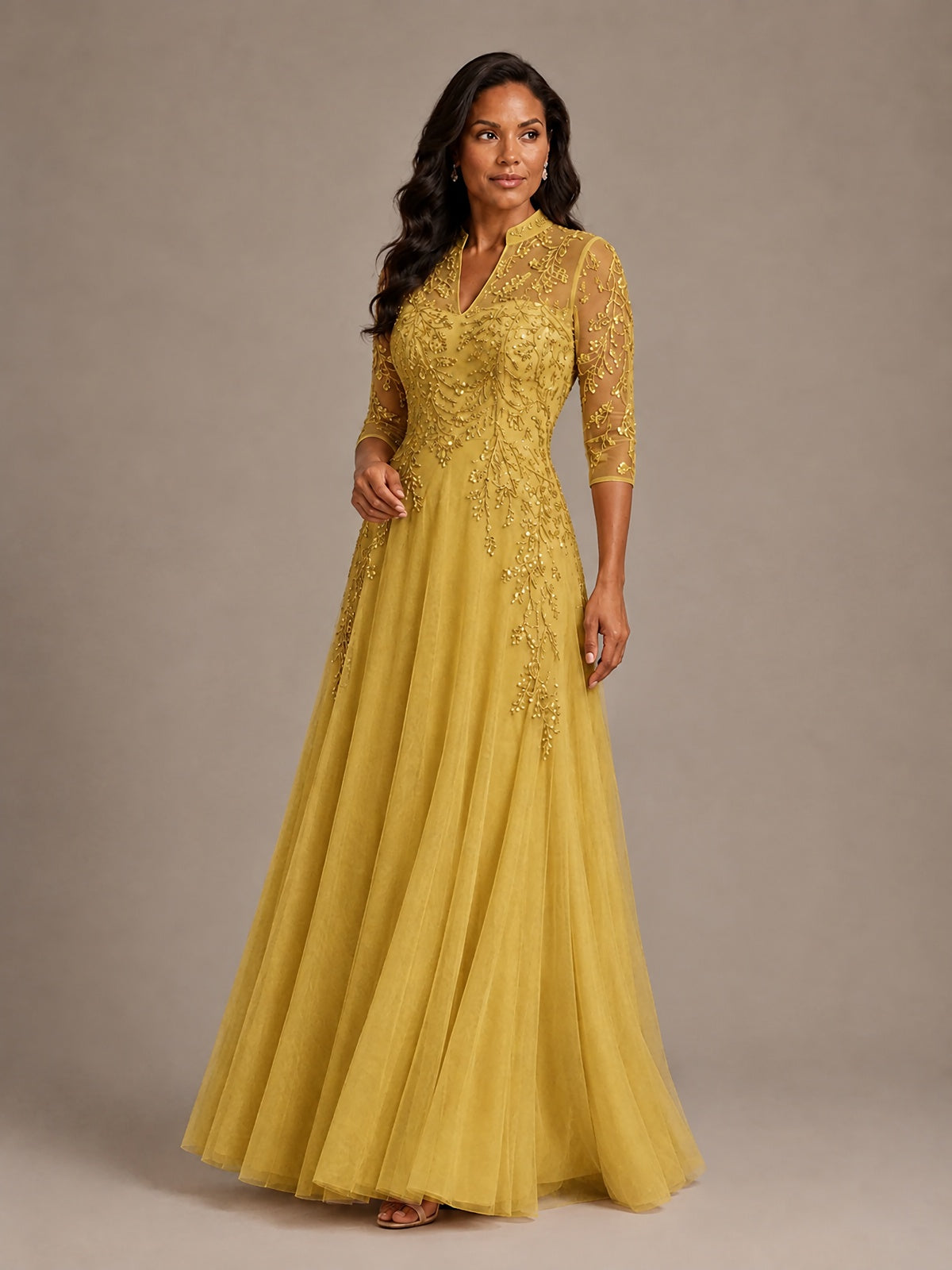 Embellished Appliques Mother of the Bride Dress with 3/4 Sleeves