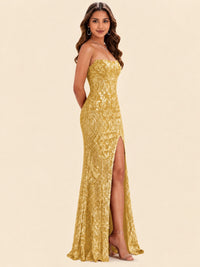 Sequin Lace Appliques Mermaid Prom Dress Spaghetti Strap Formal Gowns with Slit
