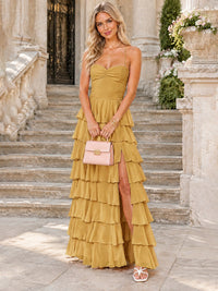 Ruffled Tiered Chiffon Prom Dress Spaghetti Straps Formal Maxi Dress with Slit