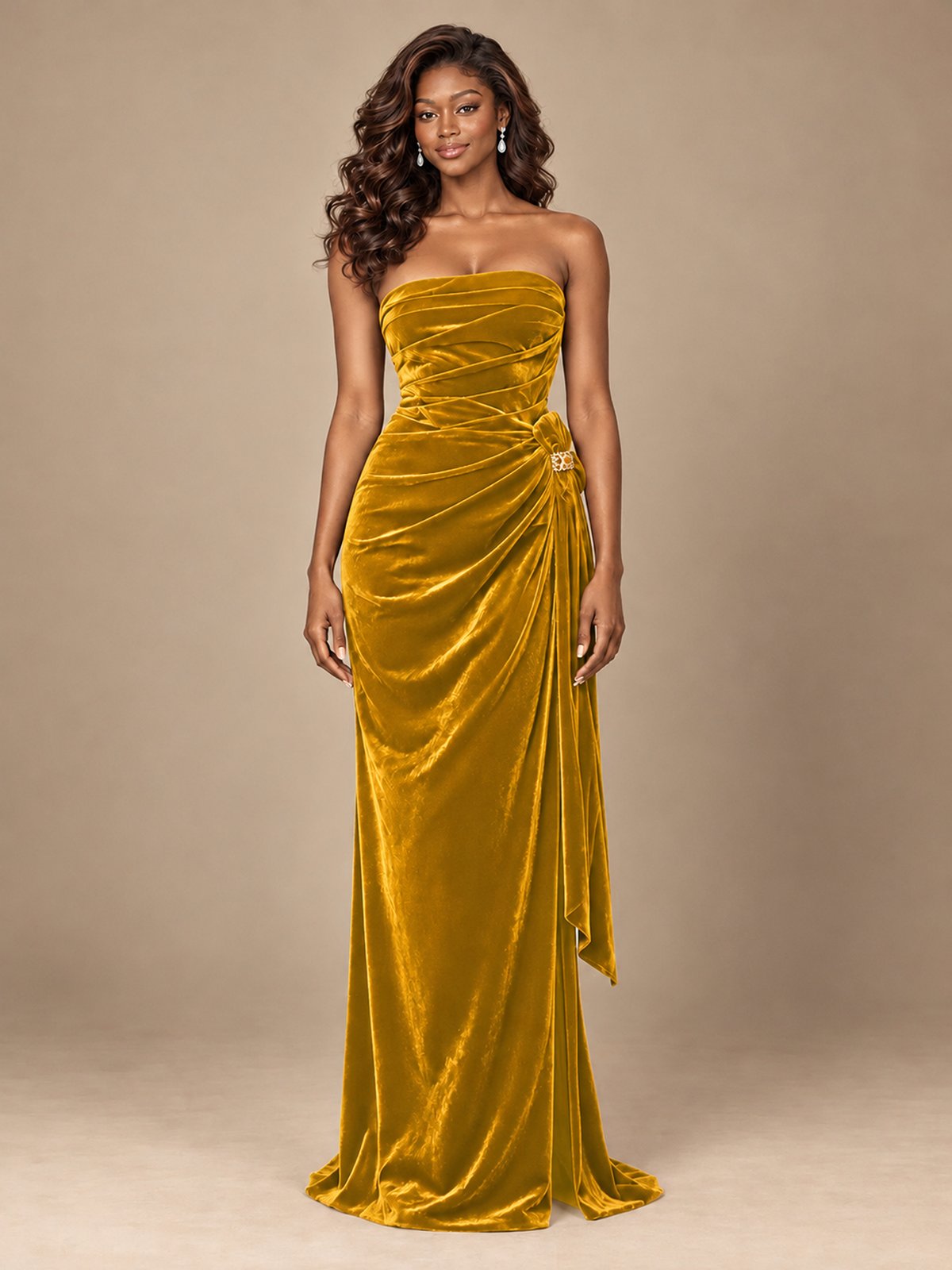 Burgundy Velvet Strapless Ruched Prom Dress with Jeweled Side Drape