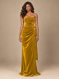 Burgundy Velvet Strapless Ruched Prom Dress with Jeweled Side Drape