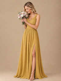Pleated Chiffon V Neck Wedding Bridesmaid Dresses Floor Length with Slit