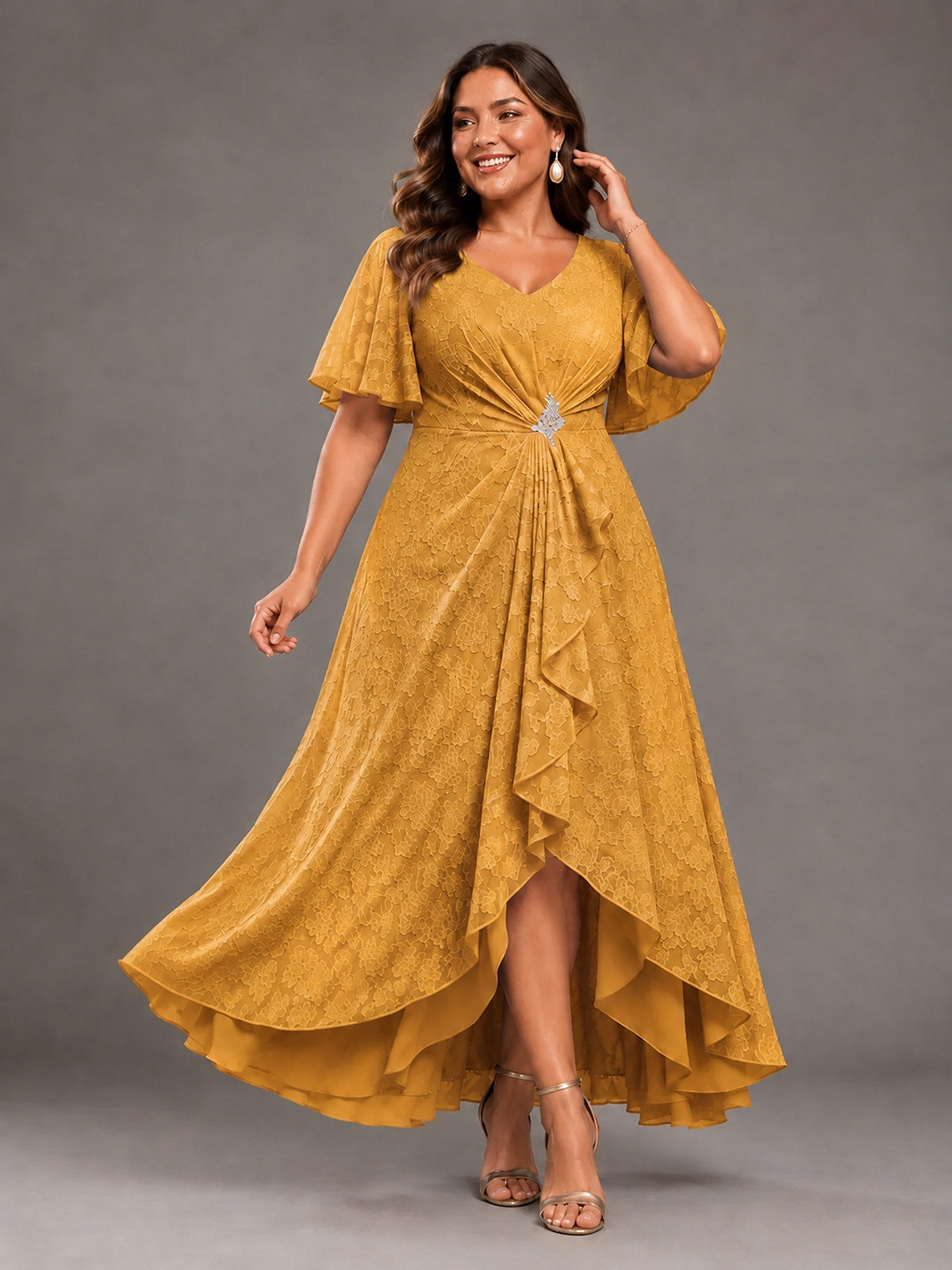 Jacquard Chiffon A-Line V-Neck High-Low Mother of the Bride Dress