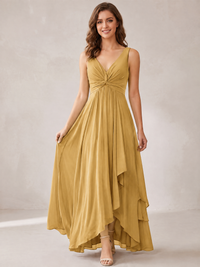 V-Neck High-Low Chiffon Bridesmaid Dress with Ruffles