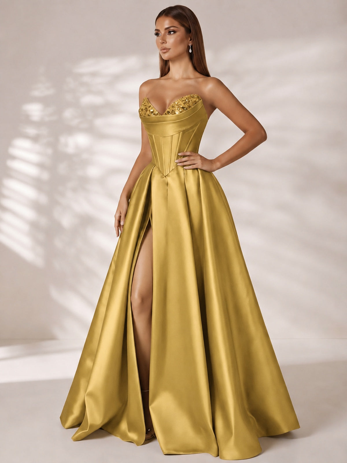Strapless Corset Satin Prom Dress Long Evening Gown with High Slit