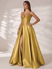 Strapless Corset Satin Prom Dress Long Evening Gown with High Slit