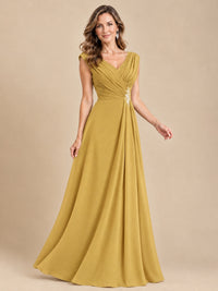 V Neck Pleated Mother of The Bride Dresses with Beading Cap Sleeves