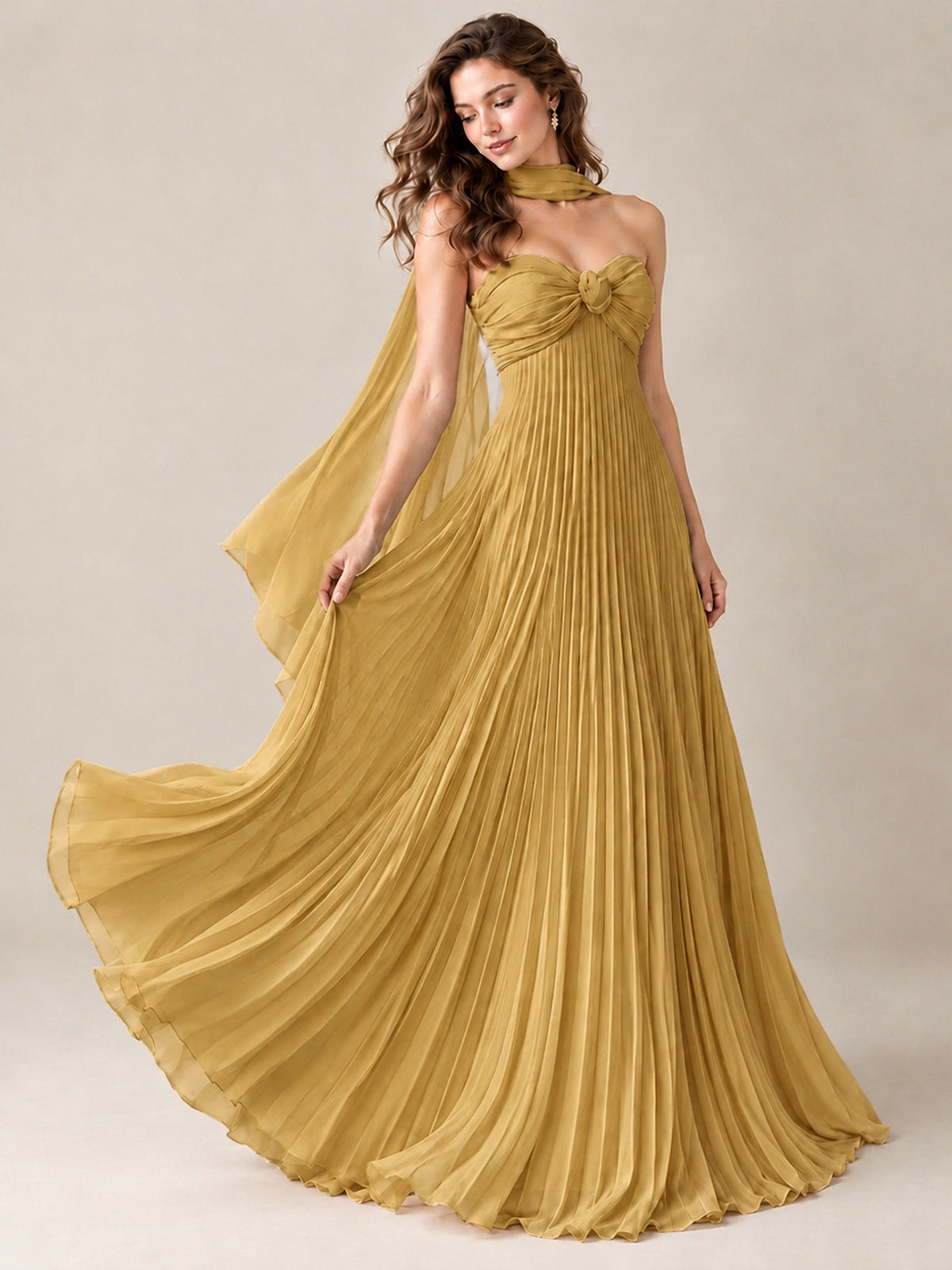 Sweetheart Neckline Pleated Prom Dress Strapless A-line Formal Dress with Flowy Scarf