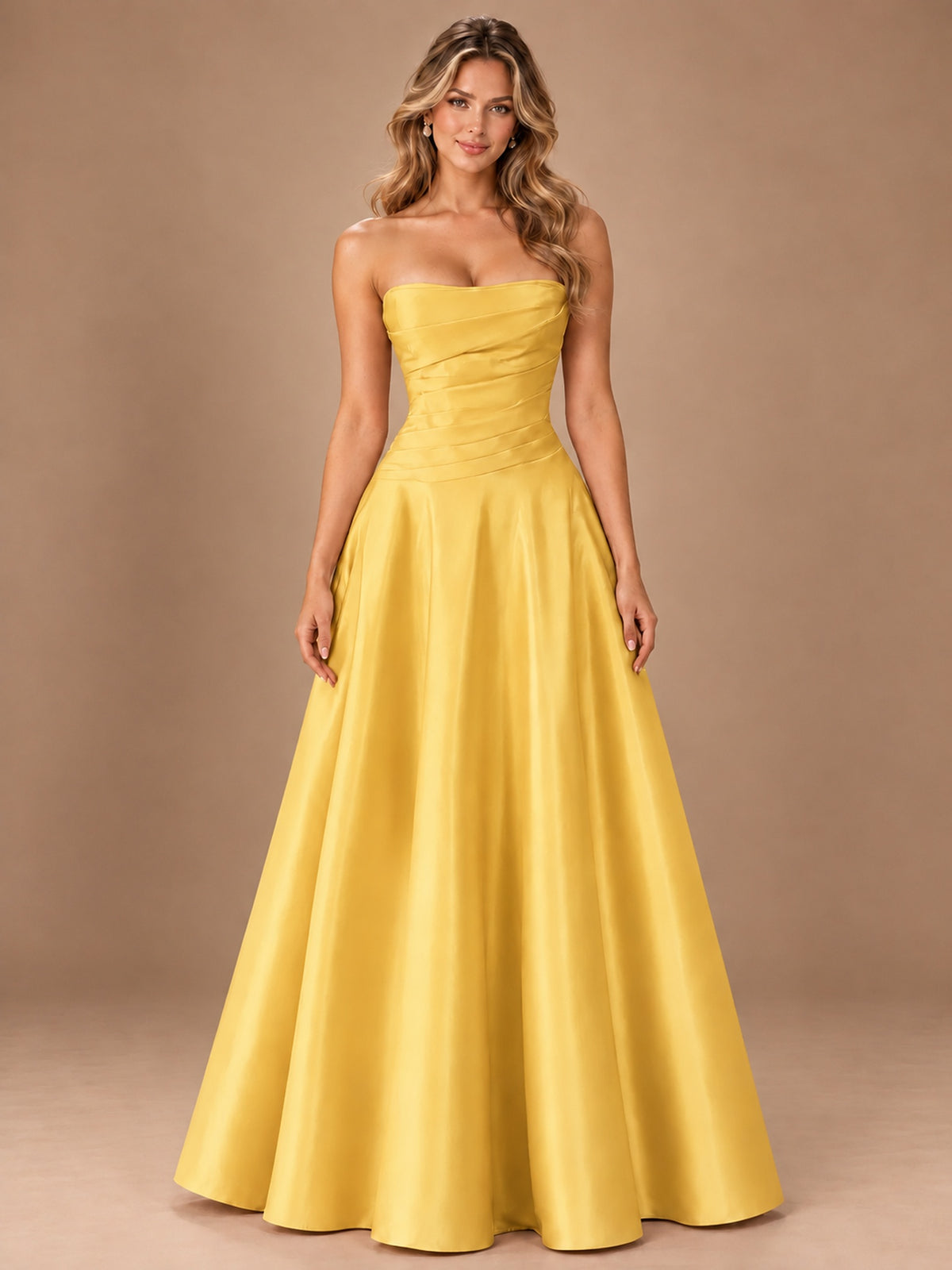 Blush Pink Strapless Satin A-Line Prom Dress with Ruched Bodice