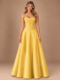 Blush Pink Strapless Satin A-Line Prom Dress with Ruched Bodice